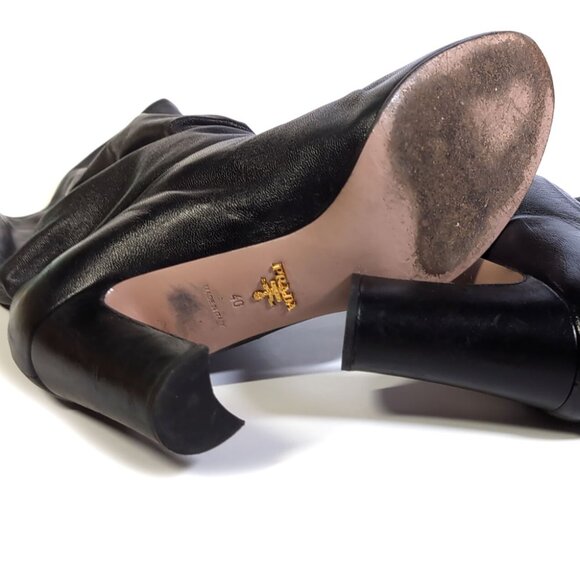 PRADA Black Leather Ankle Boots Size 40 Fold Down Lambskin Heeled Boots … - Picture 8 of 11